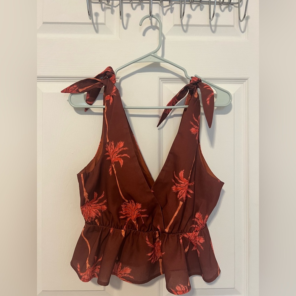 En Saison Red Floral V-Neck Top with Adjustable Shoulder Ties